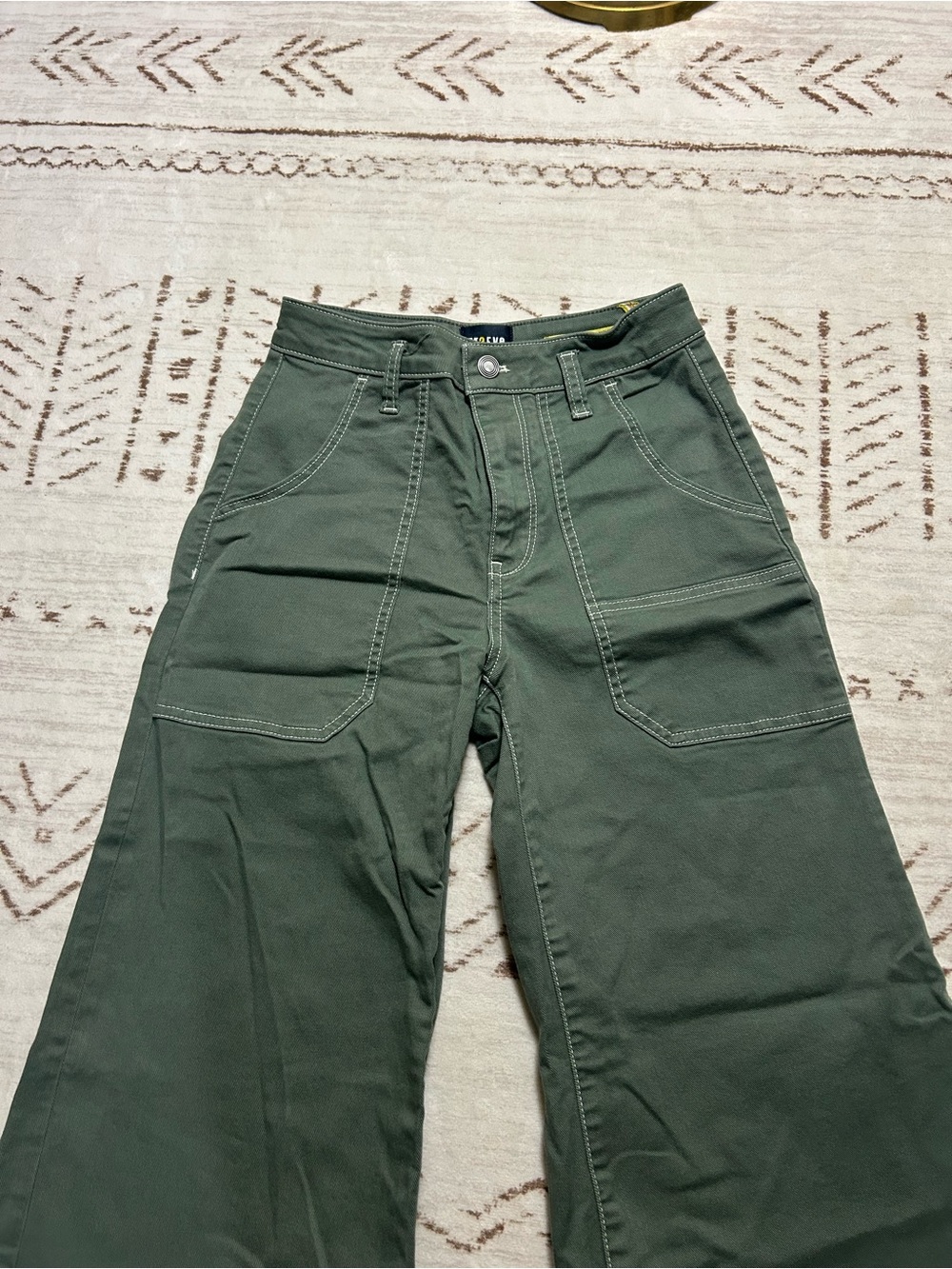Maeve Anthropologie Olive Wide Leg Utility Carpenter Pants 25 Old Money Luxury - Picture 4 of 14